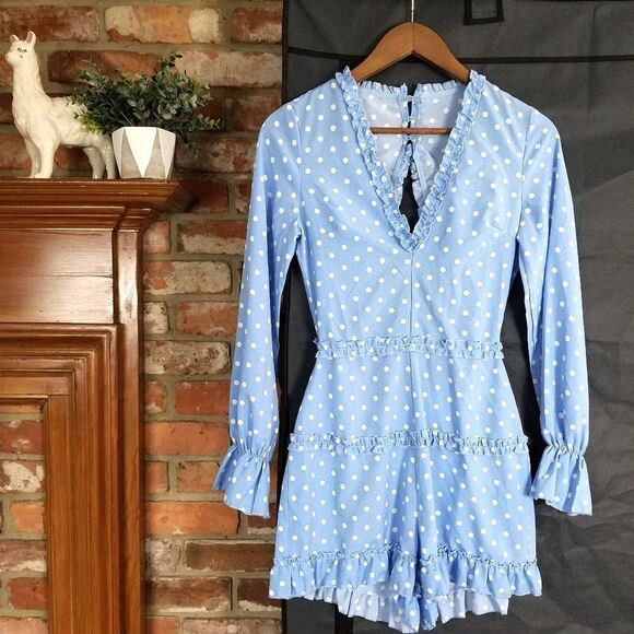 NWT NEW Parisian Light Blue Polka Dot Long Sleeve Backless Romper - Picture 6 of 9